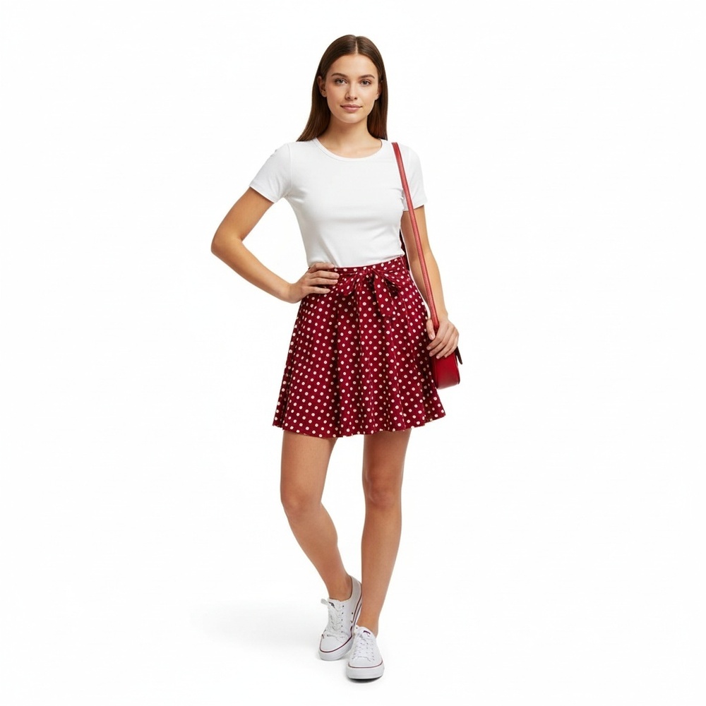 ACTIVE USA Womens Skirt Medium Red White Polka Dot A-Line Tie Waist Retro